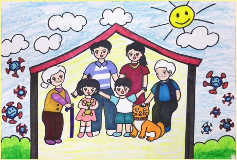 vẽ tranh về đề tài gia đình em chống dịch virus