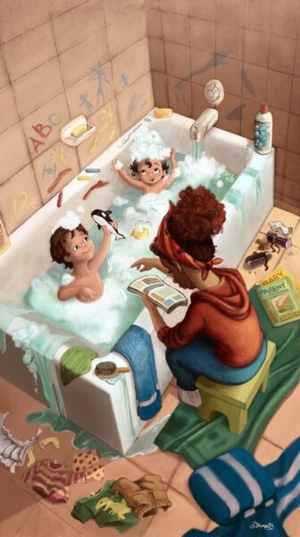 tranh vẽ mẹ khi tắm cho các con