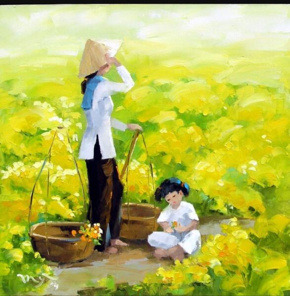 tranh vẽ mẹ và bé trên cánh đồng hoa cải đẹp vàng rực rỡ