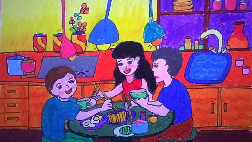 tranh vẽ mẹ và gia đình khi dùng cơm