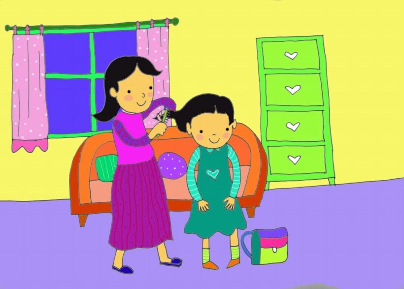 tranh vẽ mẹ và bé trên cánh đồng hoa cải đẹp vàng rực rỡ