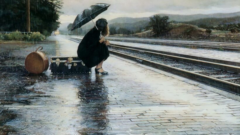 Hình nền cô gái ngồi cô dơn, buồn che ô dưới mưa