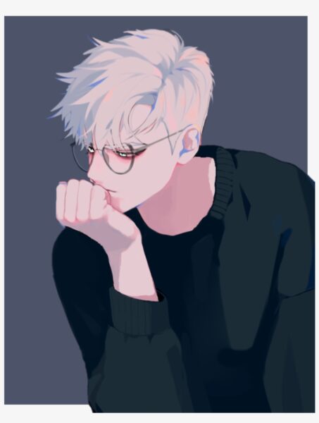 Hình ảnh nam anime tóc bạch kim, đeo kính