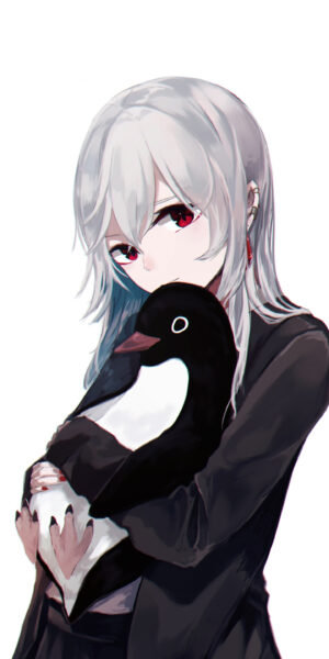 Hình ảnh nữ anime tóc bạch kim ôm con chim cánh cụt