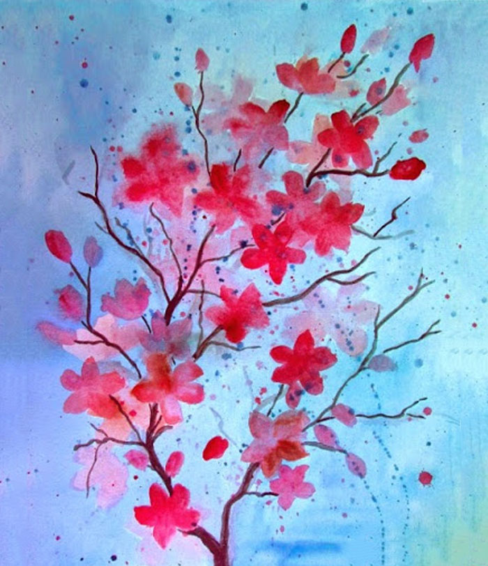 Hình vẽ hoa Anh Đào đẹp, đơn giản bằng bút chì, màu nước