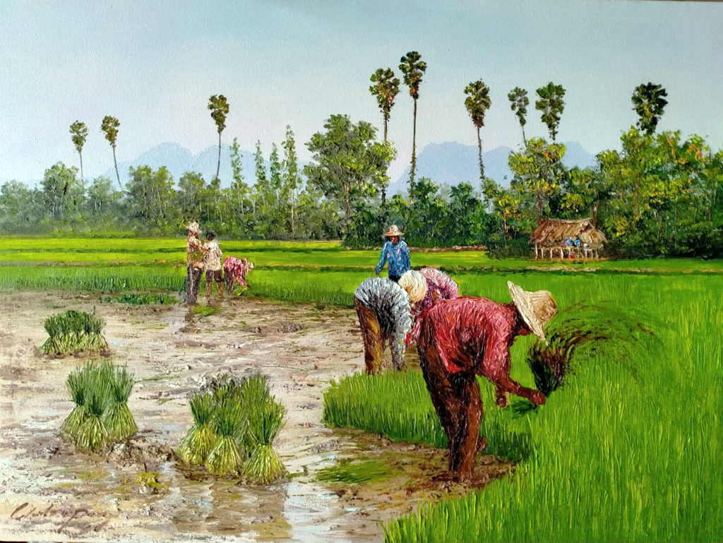 Tranh vẽ nông dân gặt lúa trên đồng quê em AmiA TSD510