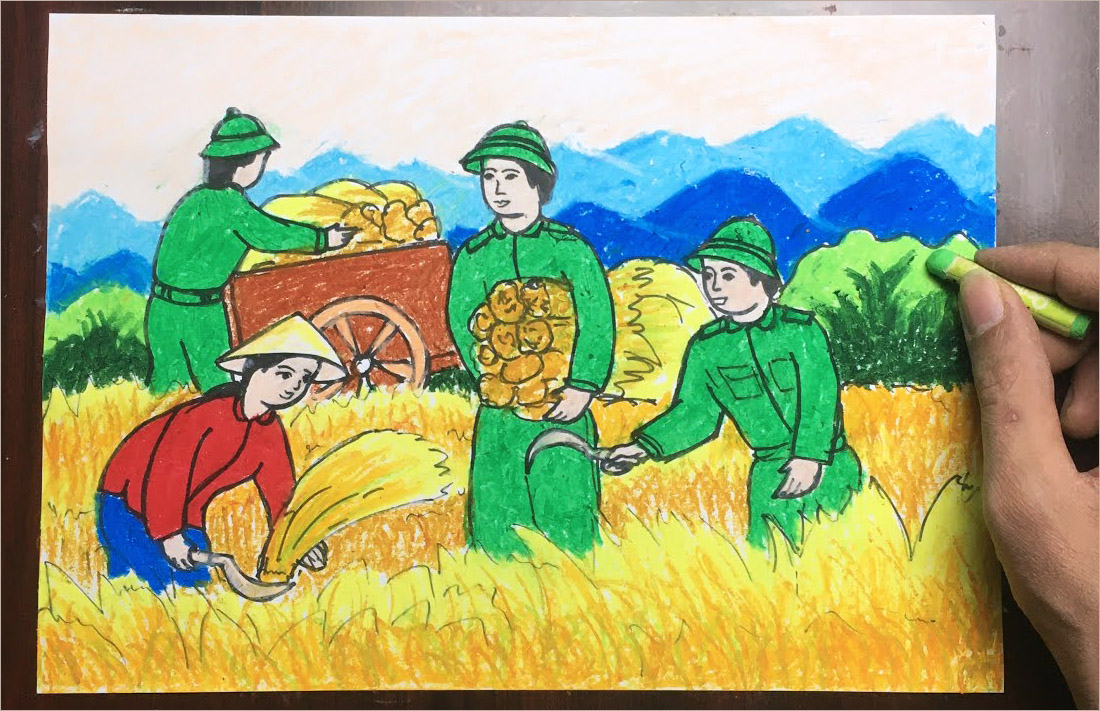 Vẽ Tranh Gặt Lúa Cánh Đồng Lúa Đơn Giản Đẹp Của Học Sinh