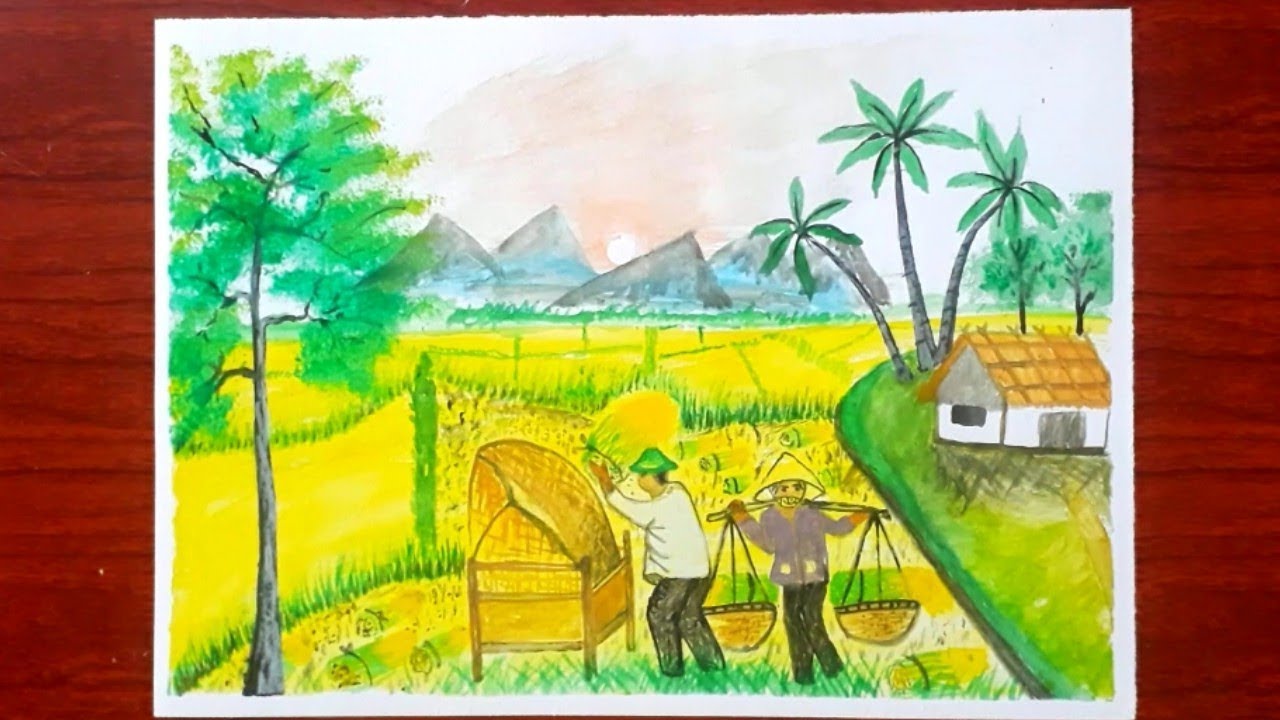 Vẽ Tranh Gặt Lúa Trồng Lúa Gánh Lúa Quê Em Đơn Giản