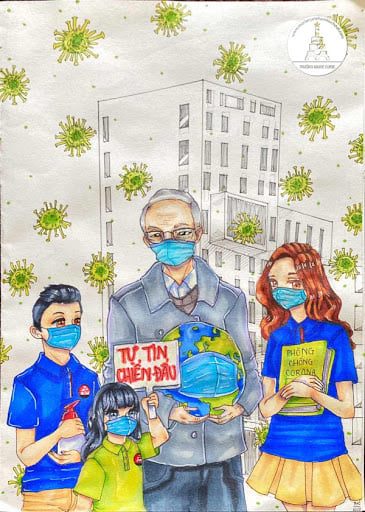 Tranh vẽ Đoàn TNCS Hồ Chí Minh sát cánh, hỗ trợ nhà nước trong công cuộc phòng chống virus