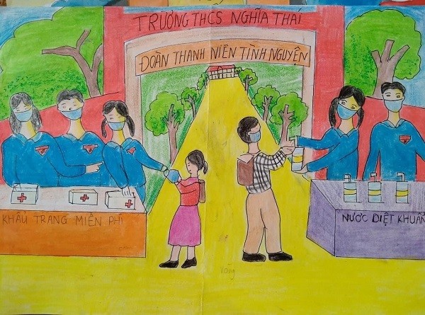Vẽ tranh trẻ đi theo nhóm đảm bảo cổng trường sạch sẽ cho trẻ đến trường