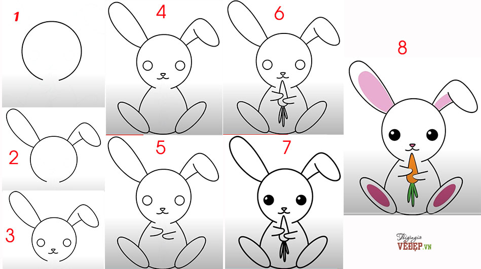 Hướng dẫn phương pháp vẽ con cái thỏ đơn giản và giản dị với 8 bước cụ thể người nào cũng triển khai  được