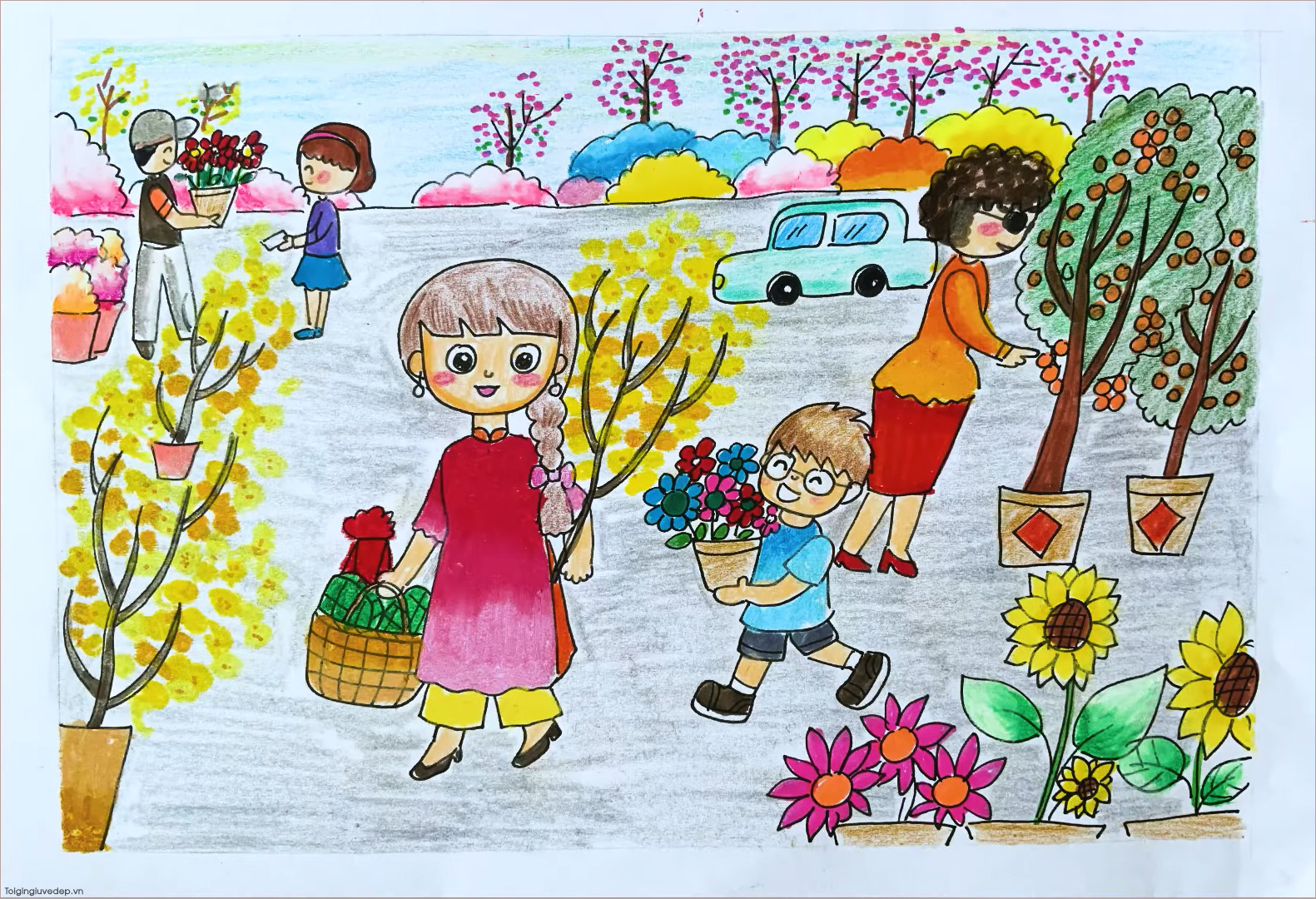 Cách vẽ tranh đề tài ngày Tết và mùa xuân lớp 6 đơn giản nhất